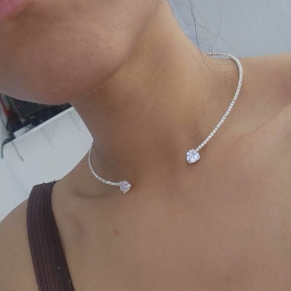 New Crystal & Cubic Zirconia Heart Accented Open Cuff Pave Choker Necklace - Picture 6 of 16